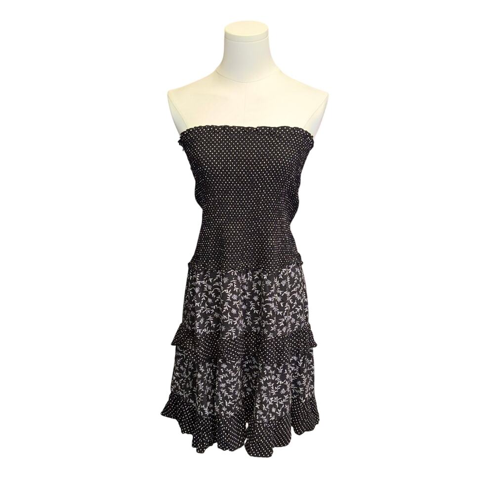 Vintage 90s Strapless Smocked Tiered Mini Dress Black Polka Dot Floral Gauze S